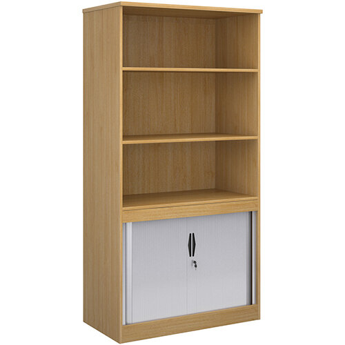Systems combination unit with tambour doors and open top 2000mm high with 2 shelves - oak Systems combination unit with tambour doors and open top 2000mm high with 2 shelves - oak