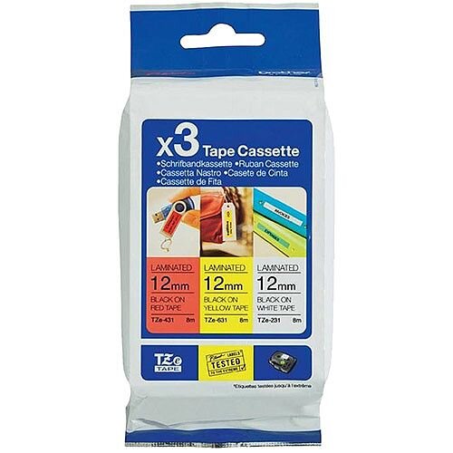 Brother TZe-31M3 Labelling Tape Multipack 1x Black on Red 1x Black on White and 1x Black on Yellow Laminated Tape 12mm x 8m Brother TZe-31M3 Labelling Tape Multipack 1x Black on Red 1x Black on White and 1x Black on Yellow Laminated Tape 12mm x 8m