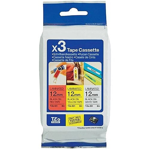 Brother TZe-31M3 Labelling Tape Multipack 1x Black on Red 1x Black on White and 1x Black on Yellow Laminated Tape 12mm x 8m