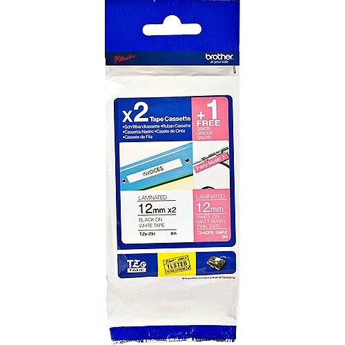 Brother TZe-32M3 Labelling Tape Multipack 2x Black on White Laminated Tape 12mm x 8m &FREE White on matt berry Pink fluorescent Laminated Tape 12mm x 2m Brother TZe-32M3 Labelling Tape Multipack 2x Black on White Laminated Tape 12mm x 8m &FREE White on matt berry Pink fluorescent Laminated Tape 12mm x 2m