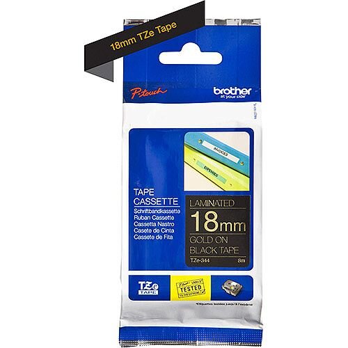 Brother TZe-344 18mm Gold on Black Standard Adhesive Laminated TZe Tape Cassette 8 Metres Brother TZe-344 18mm Gold on Black Standard Adhesive Laminated TZe Tape Cassette 8 Metres