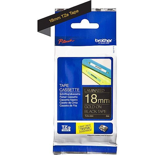 Brother TZe-344 18mm Gold on Black Standard Adhesive Laminated TZe Tape Cassette 8 Metres