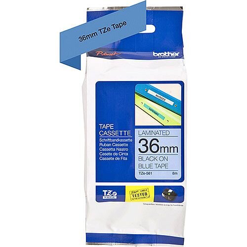 Bother TZe-561 36mm Black on Blue Standard Adhesive Laminated TZe Tape Cassette 8 Metres