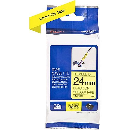 Brother TZe-FX651 24mm Black on Yellow Flexible ID Laminated TZe Tape Cassette 8 Metres Brother TZe-FX651 24mm Black on Yellow Flexible ID Laminated TZe Tape Cassette 8 Metres