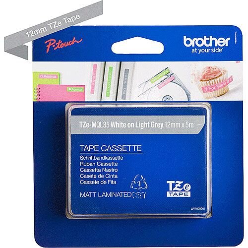 Brother TZe-MQL35 12mm White on Light Grey Standard Adhesive Matt Laminated TZe Tape Cassette 5 Metres Brother TZe-MQL35 12mm White on Light Grey Standard Adhesive Matt Laminated TZe Tape Cassette 5 Metres