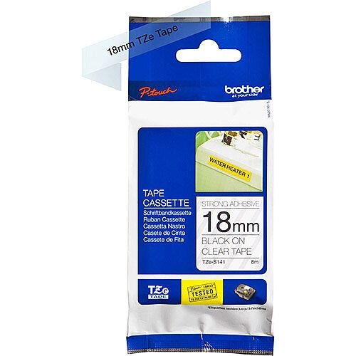 Brother TZe-S141 18mm Black on Clear Strong Adhesive Laminated TZe Tape Cassette 8 Metres Brother TZe-S141 18mm Black on Clear Strong Adhesive Laminated TZe Tape Cassette 8 Metres