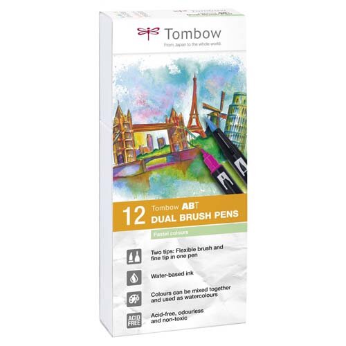 Tombow ABT Dual Brush Pen 2 Tips Pastel Assorted Colours (Pack 12)