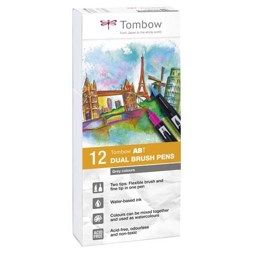 Tombow ABT Dual Brush Pen 2 Tips Grey Colours (Pack 12)