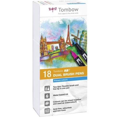 Tombow ABT Dual Brush Pen 2 Tips Primary Assorted Colours (Pack 18)