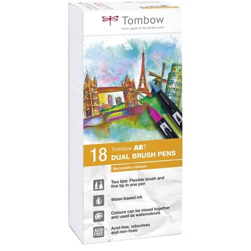 Tombow ABT Dual Brush Pen 2 Tips Secondary Assorted Colours (Pack 18)