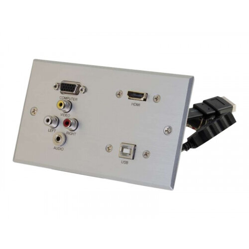 C2G RapidRun Double Gang Integrated VGA (HD15) + 3.5mm + Composite Video + Stereo Audio + HDMI + USB Wall Plate - Mounting plate - HD-15, RCA X 3, mini-phone stereo 3.5 mm, HDMI, USB Type B - brushed aluminum - 2-gang C2G RapidRun Double Gang Integrated VGA (HD15) + 3.5mm + Composite Video + Stereo Audio + HDMI + USB Wall Plate - Mounting plate - HD-15, RCA X 3, mini-phone stereo 3.5 mm, HDMI, USB Type B - brushed aluminum - 2-gang
