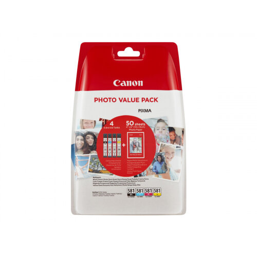 Canon CLI-581 C/M/Y/BK Photo Value Pack - 4-pack - 5.6 ml - black, yellow, cyan, magenta - original - ink tank / paper kit - for PIXMA TS6150, TS6151, TS8150, TS8151, TS8152, TS9150, TS9155 Canon CLI-581 C/M/Y/BK Photo Value Pack - 4-pack - 5.6 ml - black, yellow, cyan, magenta - original - ink tank / paper kit - for PIXMA TS6150, TS6151, TS8150, TS8151, TS8152, TS9150, TS9155