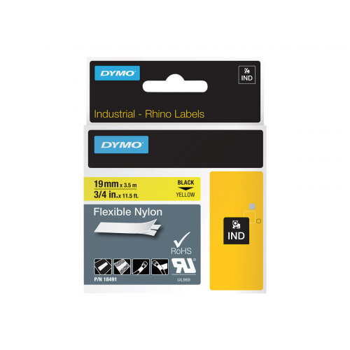 DYMO - Nylon - black on yellow - Roll (1.9 cm x 3.5 m) 1 roll(s) flexible tape - for Rhino 4200, 6000, 6000 Hard Case Kit; RhinoPRO 5000 DYMO - Nylon - black on yellow - Roll (1.9 cm x 3.5 m) 1 roll(s) flexible tape - for Rhino 4200, 6000, 6000 Hard Case Kit; RhinoPRO 5000