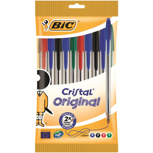 Bic Cristal Ballpoint Pen 1.0mm Tip 0.32mm Line Black/Blue/Green/Red (Pack 10) - 830865