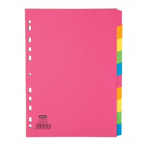 Elba Bright Coloured Card Dividers A4 Multipunched 10 Part 400008300