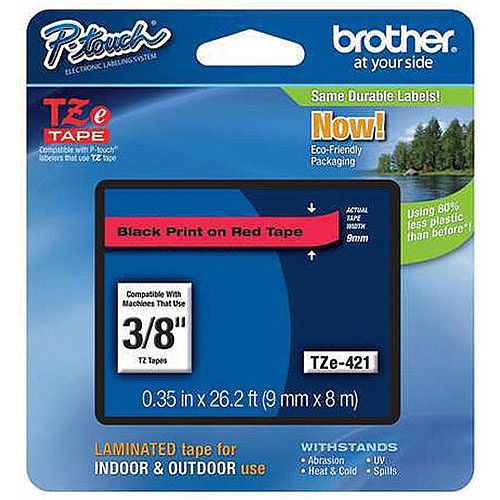 Brother P-touch TZe-421 (9mm x 8m) Black On Red Gloss Laminated Labelling Tape TZE421