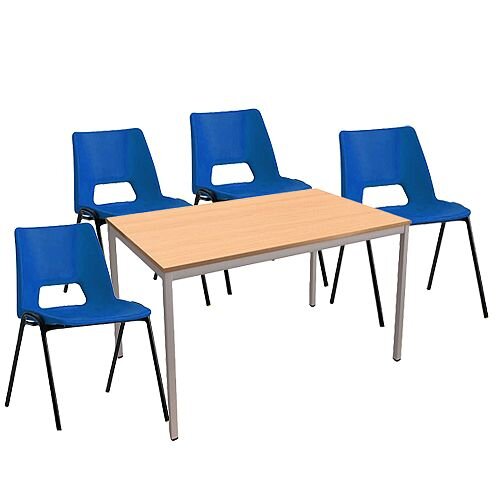 4 x Stacking Blue Chairs &1 Rectangular Beech Table Canteen Bundle 4 x Stacking Blue Chairs &1 Rectangular Beech Table Canteen Bundle