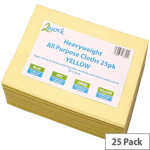 2Work Pack of 25 Heavyweight Cleaning Cloths Yellow