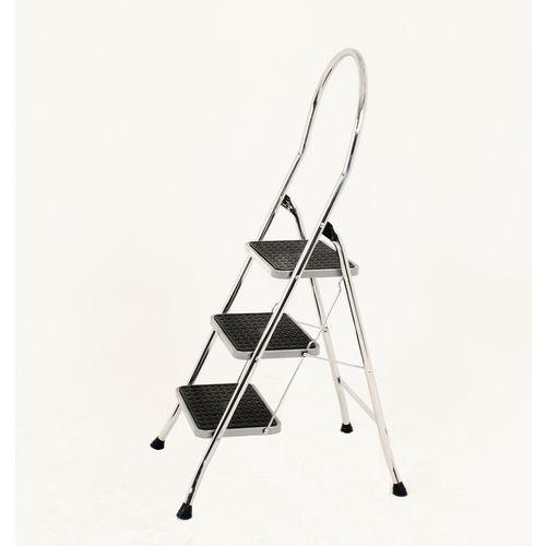 Folding Step Stool Aluminium 3 Tread High Back Chrome Silver Height 0.48m 321679 Folding Step Stool Aluminium 3 Tread High Back Chrome Silver Height 0.48m 321679