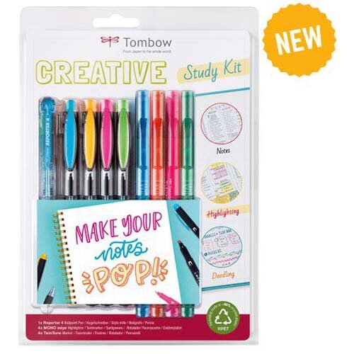 Tombow Creative Study Kit includes 1x Reporter 4 Colour Ballpoint Pen 4x Mono Edge Highlighters and 4x TwinTone Fibre Tipped Pens - STUD-SET