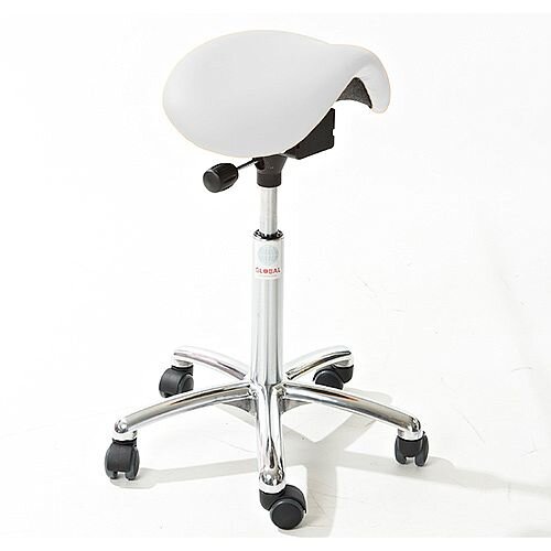 Mini Easymek Seat Saddle Stool With White Leather Look Seat Upholstery H570 - 760mm Mini Easymek Seat Saddle Stool With White Leather Look Seat Upholstery H570 - 760mm