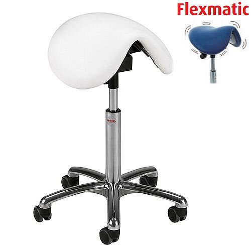 Pinto Flexmatic Optimum Adjustment Seat Saddle Stool With White Leather Look Seat Upholstery H570 - 760mm