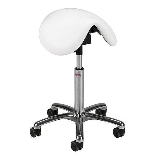Pinto Easymek Seat Saddle Stool With White Leather Look Seat Upholstery H570 - 760mm Pinto Easymek Seat Saddle Stool With White Leather Look Seat Upholstery H570 - 760mm