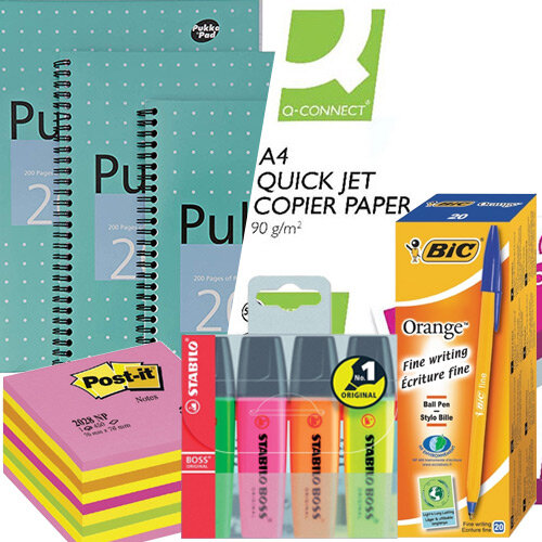 Home Office Essential Stationery Bundle -  Pens Pk 20 & Notepads Pk 3 & A4 Paper & Sticky Notes & Highlighters