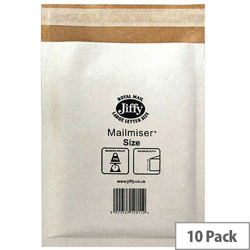 Jiffy Mailmiser Bubble Lined Size 1 170x245mm White Pack of 10 