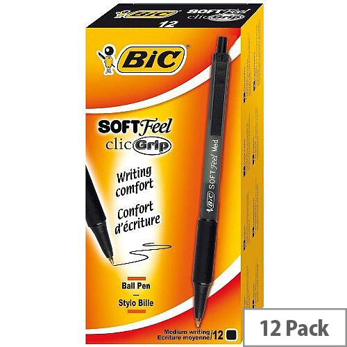 Bic | SoftFeel Retractable Ballpoint Pen - Black Rubberised Barrel | Pack of 12