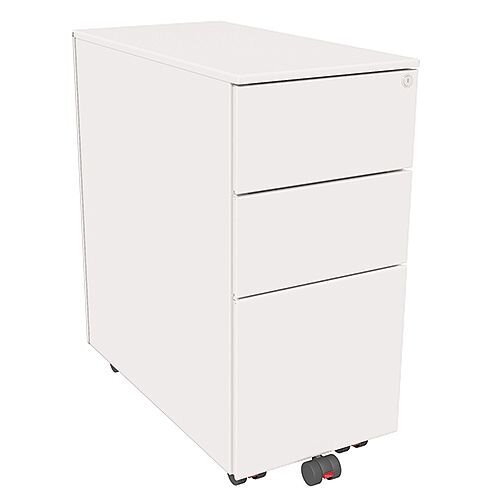 Slimline Mobile Steel Pedestal With 2 Stationery &1 Filing Drawer 300mm Wide White Kito X-Series Slimline Mobile Steel Pedestal With 2 Stationery &1 Filing Drawer 300mm Wide White Kito X-Series