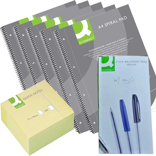 Q-Connect Home Office Stationery Bundle - Sticky Notes & Pens Pk 50 & Notepads Pk 5