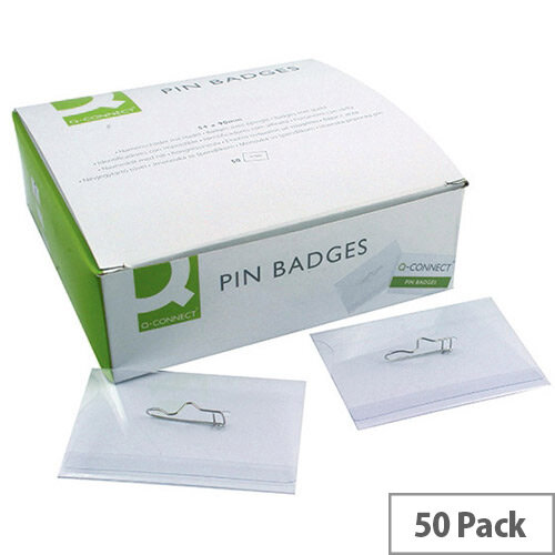 Q-Connect Pin Badges 50 Pack 54 x 90mm, Sturdy PVC Badges, Rotating, White Cards Included(KF01564)