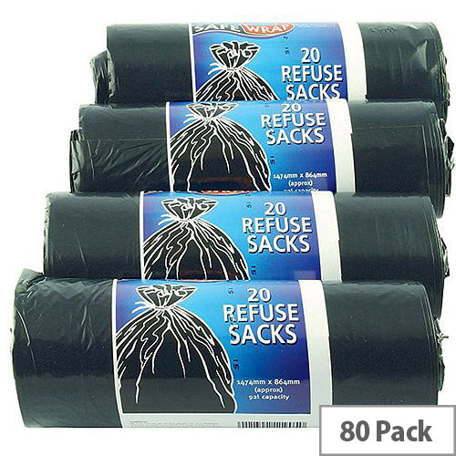 Safewrap Black Refuse Sack 92L Pack of 4 Rolls With 20 Sacks per Roll, Providing You With 80 Sacks In Total. Ideal For Use In Catering Environments, Schools, Colleges, Offices, Homes &More. Safewrap Black Refuse Sack 92L Pack of 4 Rolls With 20 Sacks per Roll, Providing You With 80 Sacks In Total. Ideal For Use In Catering Environments, Schools, Colleges, Offices, Homes &More.