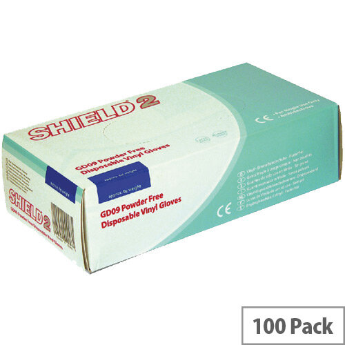 Disposable Powder-Free Vinyl Gloves Clear Medium Box of 100 Shield 2 GD09 Disposable Powder-Free Vinyl Gloves Clear Medium Box of 100 Shield 2 GD09