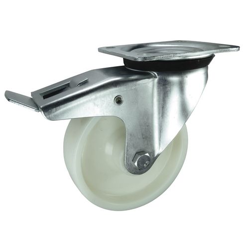 Roller bearing nylon wheel, medium duty - swivel with total-stop  