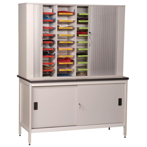Clearview Freestanding Sort Unit With Lockable Tambour Doors And Bench H900 x D750 x L1500mm Clearview Freestanding Sort Unit With Lockable Tambour Doors And Bench H900 x D750 x L1500mm