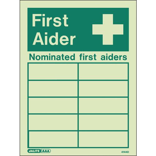 Photoluminescent Nominated First Aiders Sign