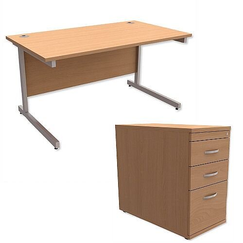 Office Desk Rectangular Silver Legs W1400mm With 800mm Deep Desk High Pedestal Beech Ashford Office Desk Rectangular Silver Legs W1400mm With 800mm Deep Desk High Pedestal Beech Ashford