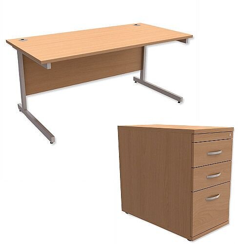 Office Desk Rectangular Silver Legs W1600mm With 800mm Deep Desk High Pedestal Beech Ashford Office Desk Rectangular Silver Legs W1600mm With 800mm Deep Desk High Pedestal Beech Ashford
