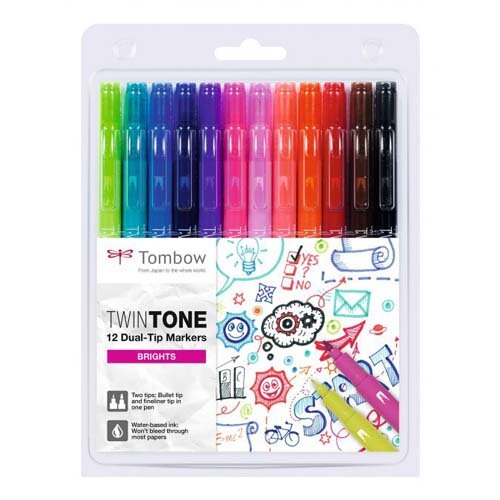 Tombow TwinTone Dual Tip Marker 0.8mm and 0.3mm Line Bright Assorted Colours (Pack 12)