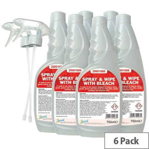 2Work Pack of 6 Spray And Wipe With Bleach 750ml 256