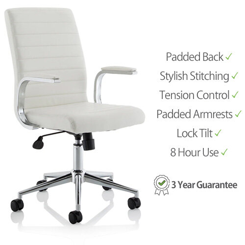 Ezra Executive Office Chair - White Leather Seat &amp; Back - Chrome Base - Fixed Padded Arms for Comfort  - 3 Years Warranty - front view