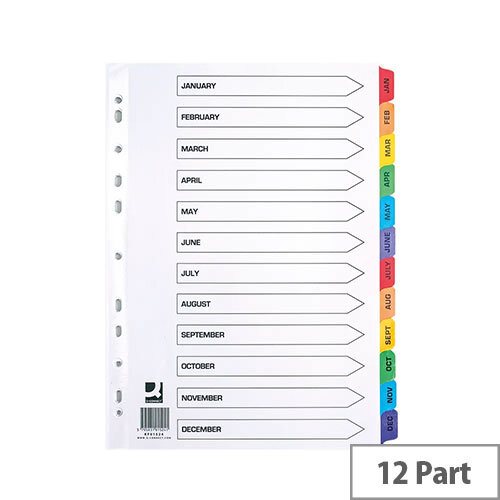 Q-Connect A4 Index, January-December, Reinforced Multi-Colour Tabs (1-Pack) - Strong and Durable Index for Binders