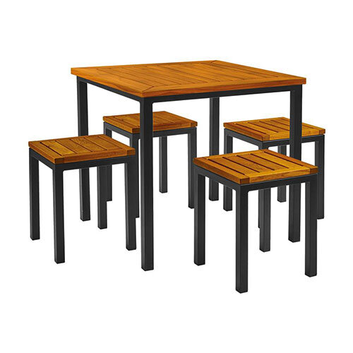 ICE Low Stool Dining Set - 4 x Low Stool 450 x 350mm  - Ice Square Dining Table 740 x 800mm - Powder Coated Black Base - Robinia Wood Table & Stool Tops