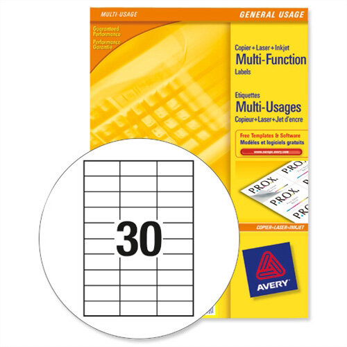 Avery White Copier Labels 30 per Sheet 70x30mm White 3489 3000 Labels