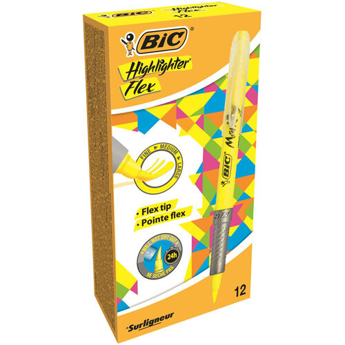 Bic Marking Highlighter Flex Brush Tip Pen Fine/Medium/Large Yellow