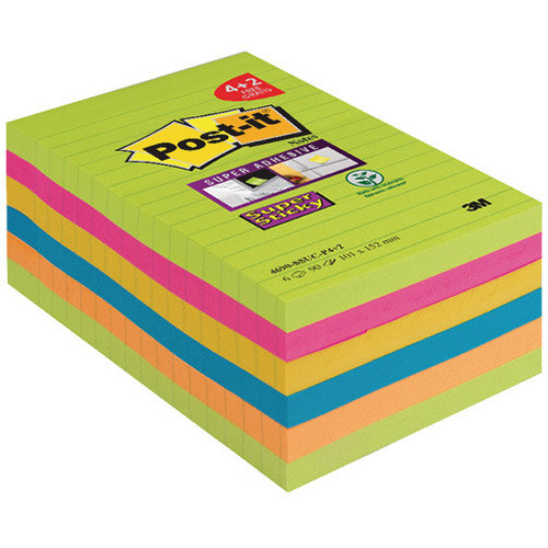 Postit Super Sticky Notes XXL Rainbow 101 x 152mm 90 Sheets Pack of 6