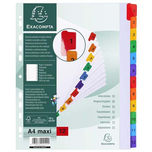 Exacompta Index 1-12 A4 Extra Wide 160gsm Card White with Coloured ...