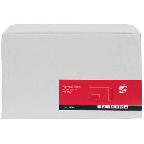 5 Star Office C5 Envelopes Pocket Self Seal Window 90gsm White Pack of